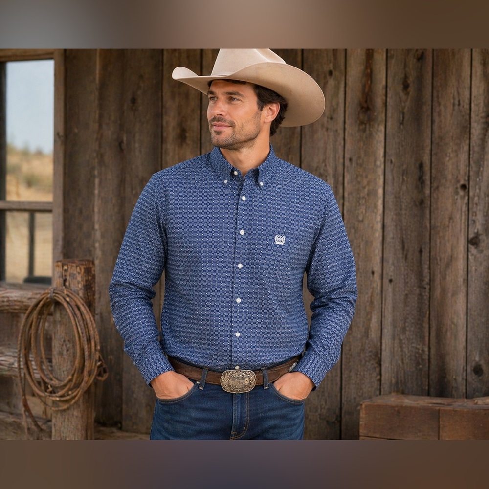 Cinch Blue Geometric Button Down Shirt Mens XXXL Western Cotton